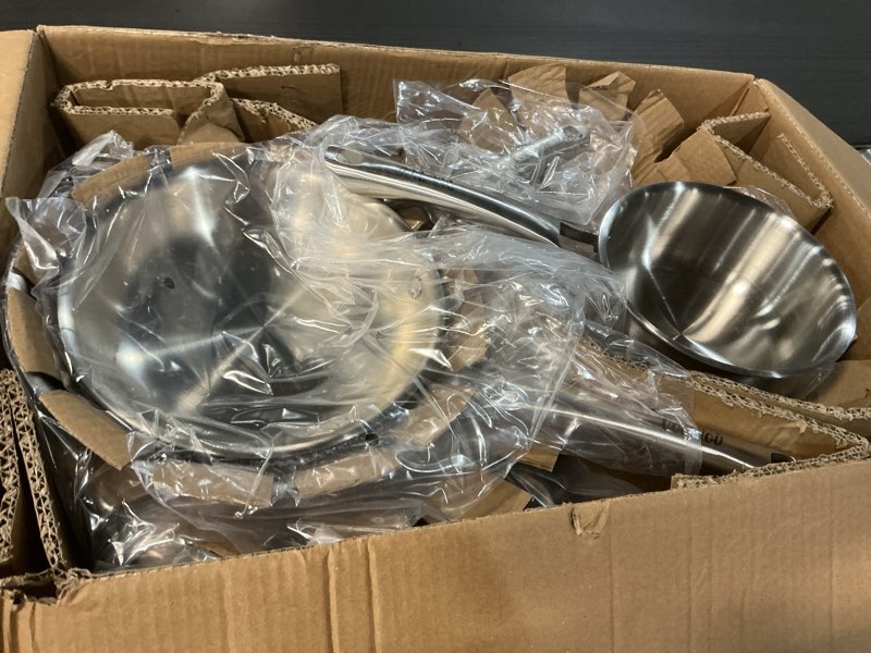 Condition photo showing As Is for Stainless Steel Cookware Set,Tir-Ply Pots and Pans Set,10 Pcs Stainless Steel Induction Kitchen Cookware Sets,PFOA Free, Frying Pans, Butter warmer,Saute Pan & Stock Pot,Compatible with All Cooktops