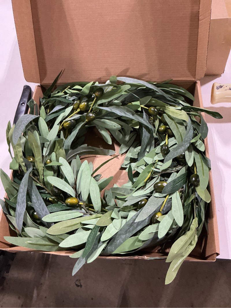 Condition photo showing Good Condition for olive wreath for front door 22 inch, greenery all season wreath with olive leaf fruit, home decoration for outdoor living room indoor wall and outside summer all season wedding olive-green 22 inch