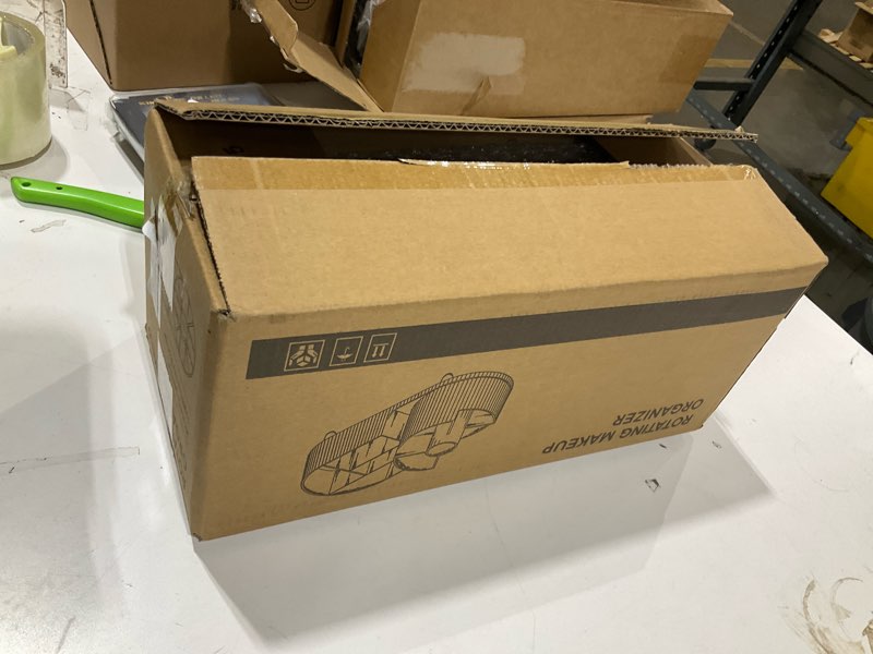 Condition photo showing As Is for rotating makeup organizer for vanity with brush holder, cosmetic makeup storage organizer, large spinning makeup skincare organizer, countertop makeup perfume, lotions display case (transparent)