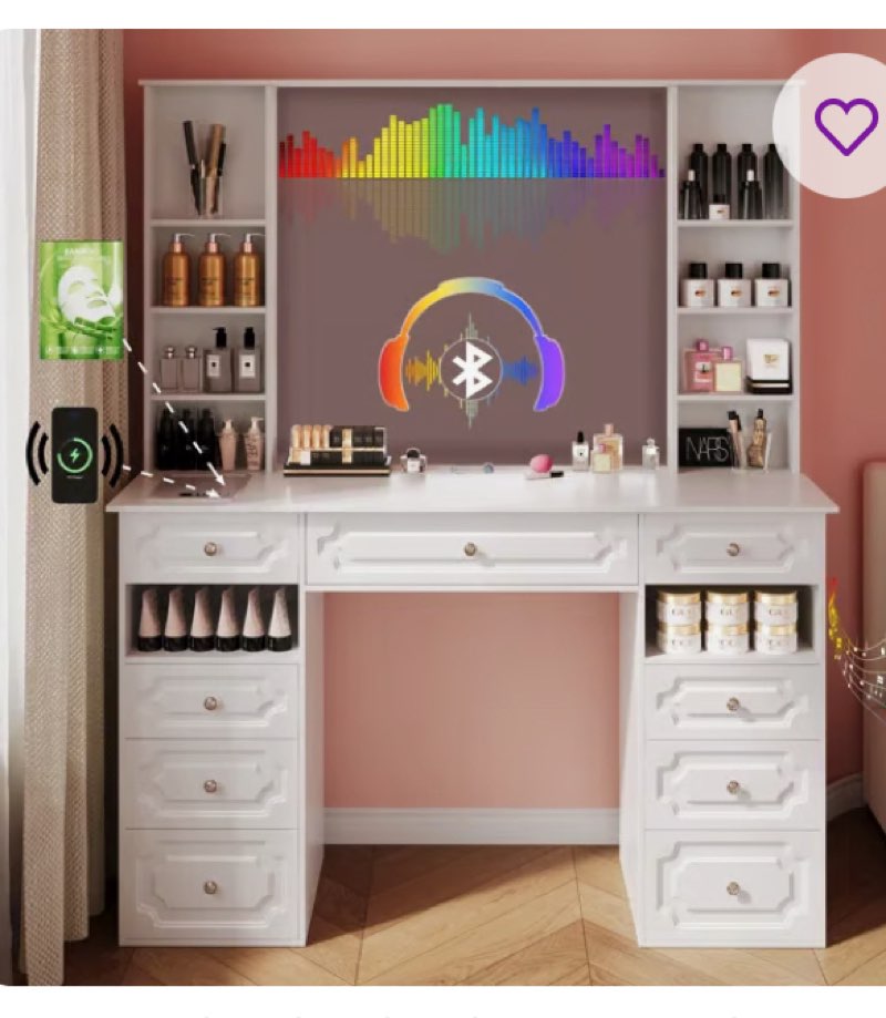 (Incomplete)Lydia Extra-Large Makeup Vanity With Bluetooth Speakers And LED Mirror