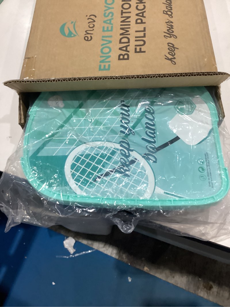 Condition photo showing New/Like New for easygo badminton set, with net, 4 racket, 4 birdies, portable storage box, for backyards, outdoor games, yard games