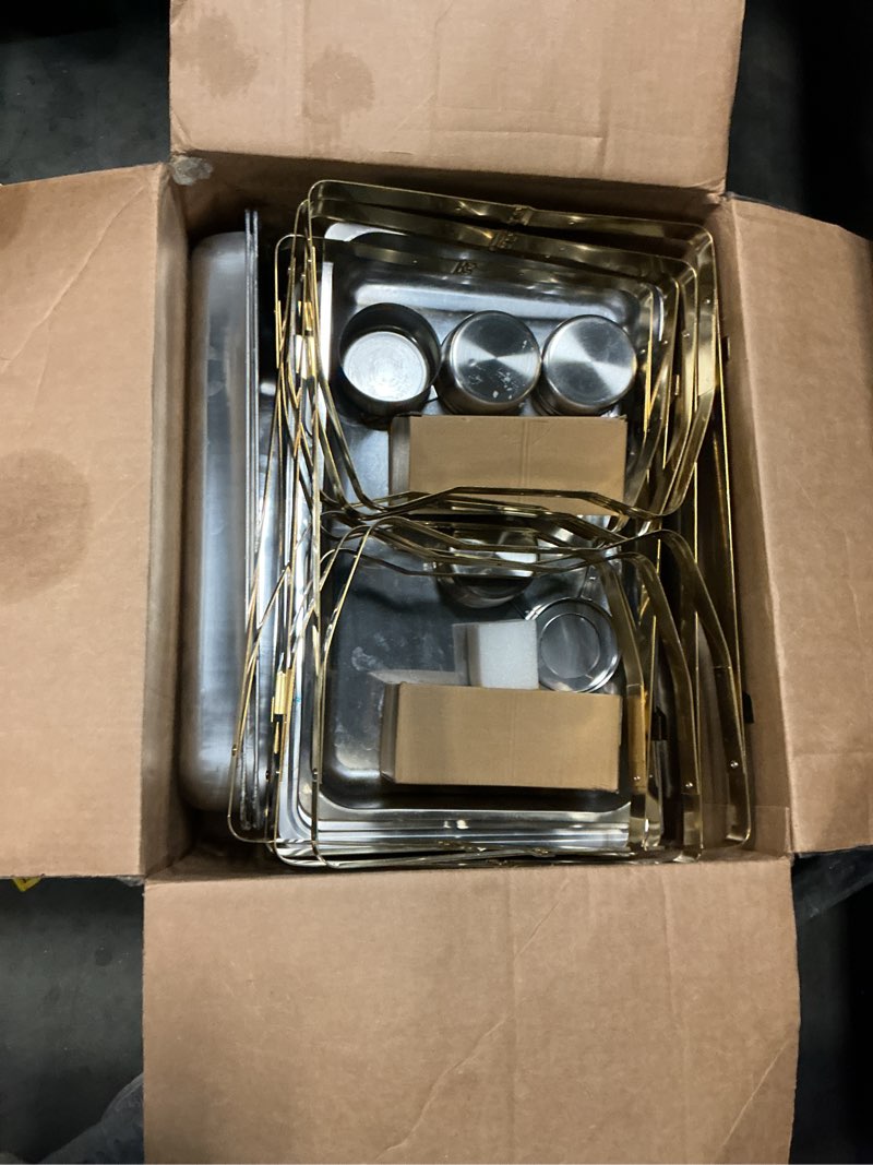 Condition photo showing As Is for IMACONE Chafing Dish Buffet Sets of 4, 8QT Stainless Steel Rectangular Chafers and Buffet Warmer Sets for Catering, with Food & Water Pan, Lid, Gold Foldable Frame, Fuel Holder for Event Party Holiday 4-Pack Gold Frame (similar). 