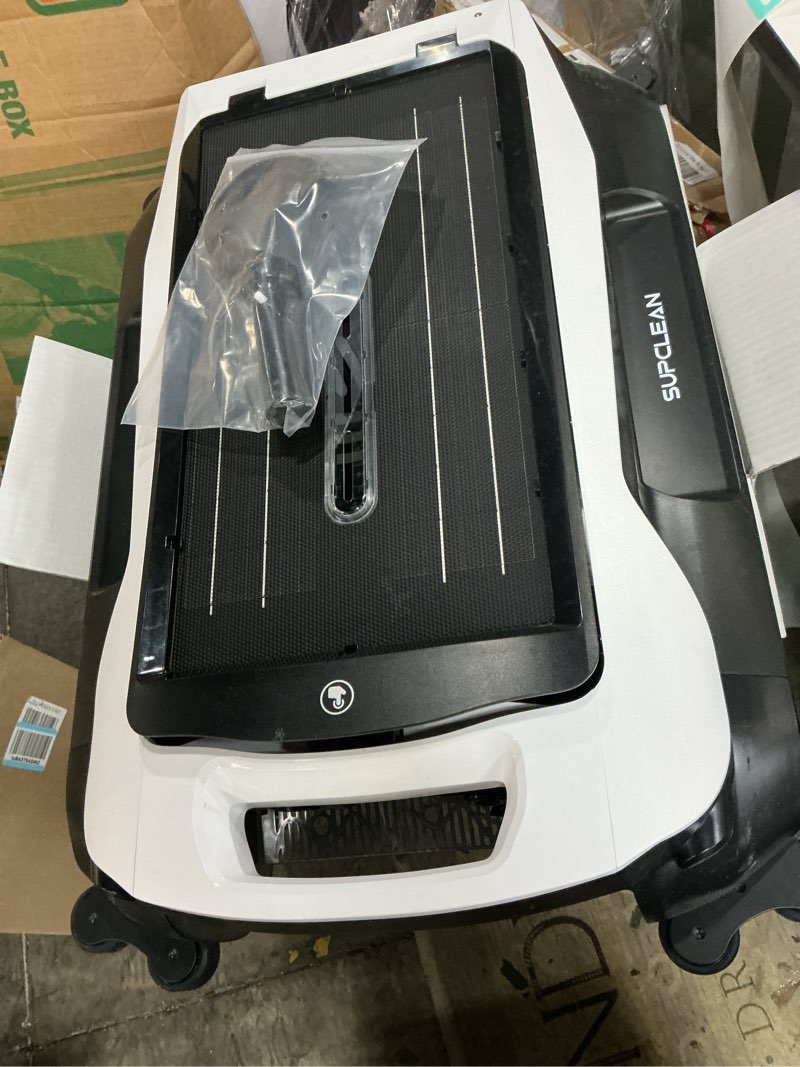 Condition photo showing As Is for 24/7 solar powered automatic electric pool skimmer robot with app support floating surface cleaner for above inground pool,auto robotic pool skimmer with efficient solar breeze (white)
