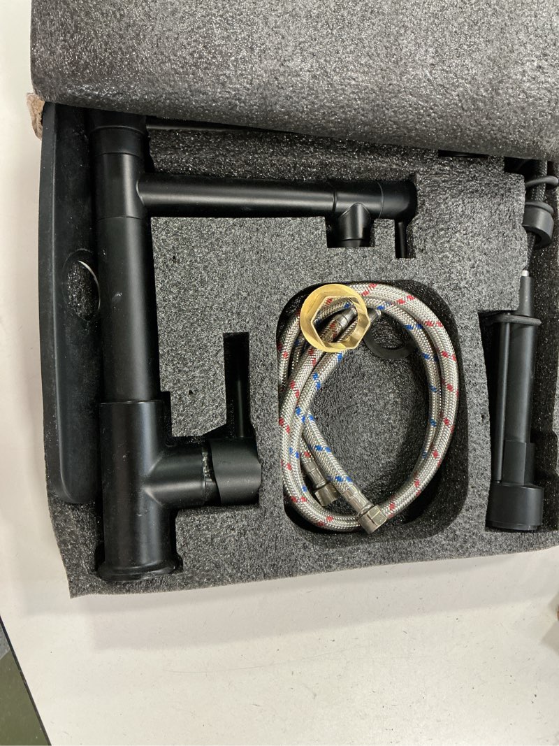 Condition photo showing As Is for Dual Spout Kitchen Faucet with Pull Down Sprayer, Matte Black Stainless Steel Commercial Sink Faucet, Single Handle, 1 or 3 Hole Install, for Farmhouse RV Laundry Utility Wet Bar Black Dual Spout