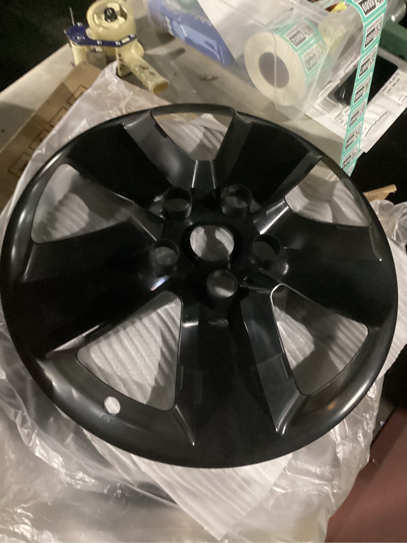 Condition photo showing New/Like New for 4-pack wheel skins compatible with dodge ram 1500 pickup 2013 2014 2015 2016 2018, 20" 20 inch alloy wheel, wheel cover, bright black color, compare your wheel shape & size carefully