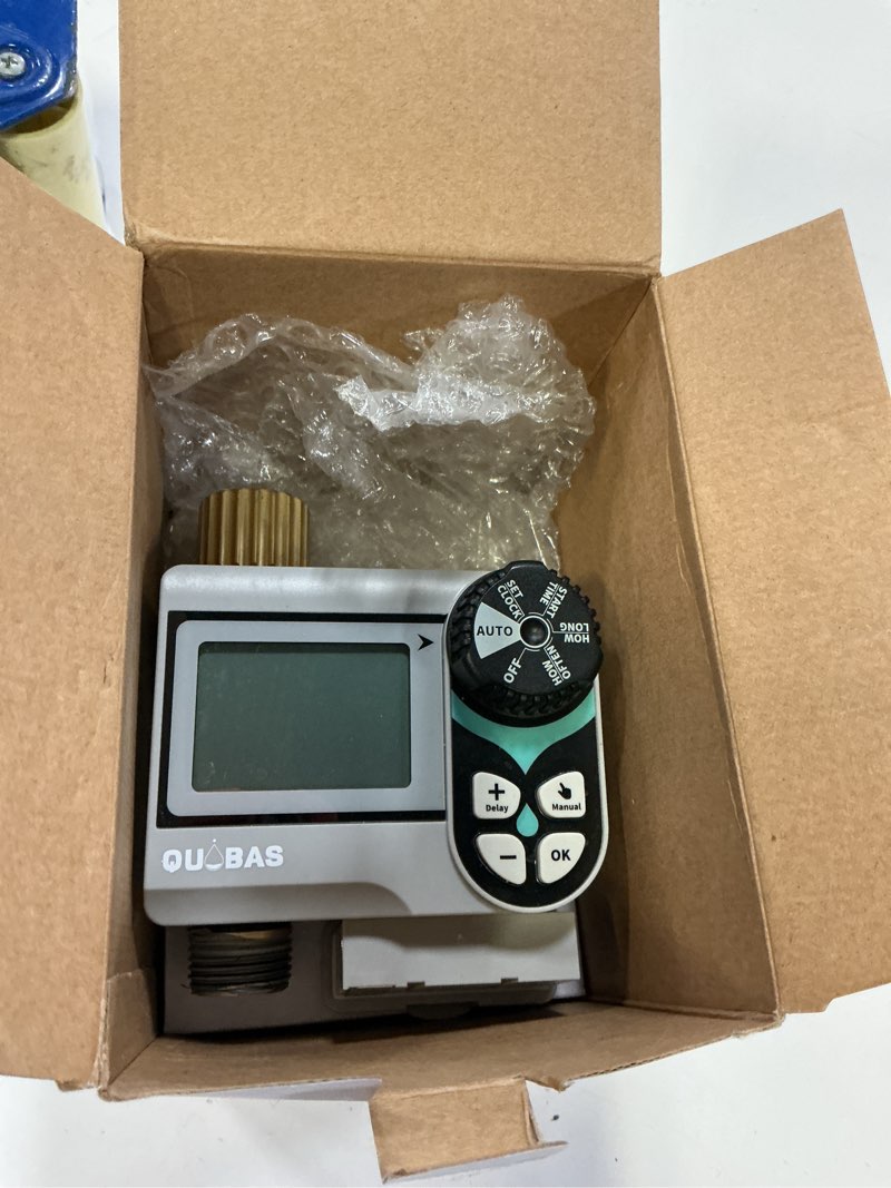 Condition photo showing Good Condition for quobas 2 pack low pressure water timer, programmable sprinkler timer with brass inlet & outlet for rain barrel, garden hose, with ball valve & waterproof screen, rain delay/manual/auto modes 2 interval program 2 zone