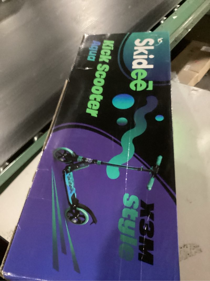 Condition photo showing New/Like New for skidee adult & teen scooter adjustable height, folding, large wheels, lightweight, durable, anti-shock suspension, up to 220 lbs aqua