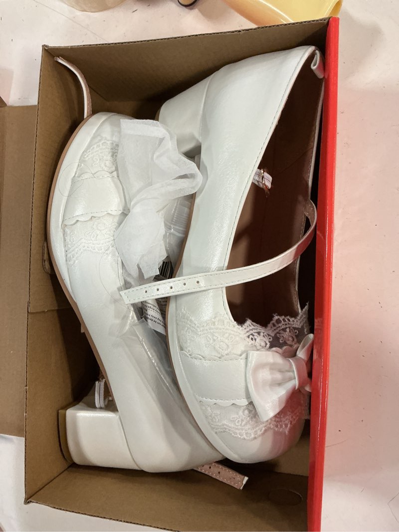 Condition photo showing New/Like New for meotina mary janes shoes for women cute bow platform heels lace closed toe kawaii shoes vintage ankle strap dress pumps white/pink/black/yellow 8.5 lace- white