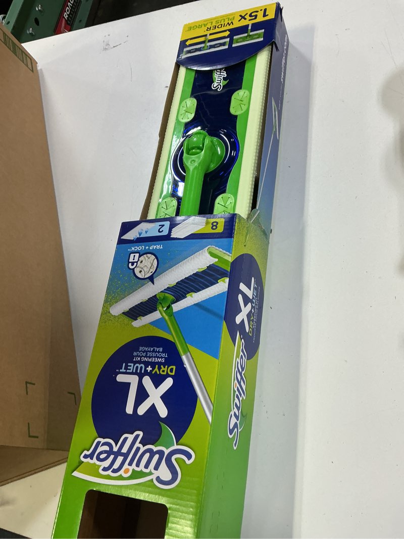 Condition photo showing Good Condition for swiffer sweep + mop xl, broom & mop alternative, floor cleaner for dirt, dust, hair, all purpose cleaning tool for home, bathroom, kitchen, set includes 1 xl sweeper 8 xl dry pads 2 xl wet pads fresh xl starter kit (new!)