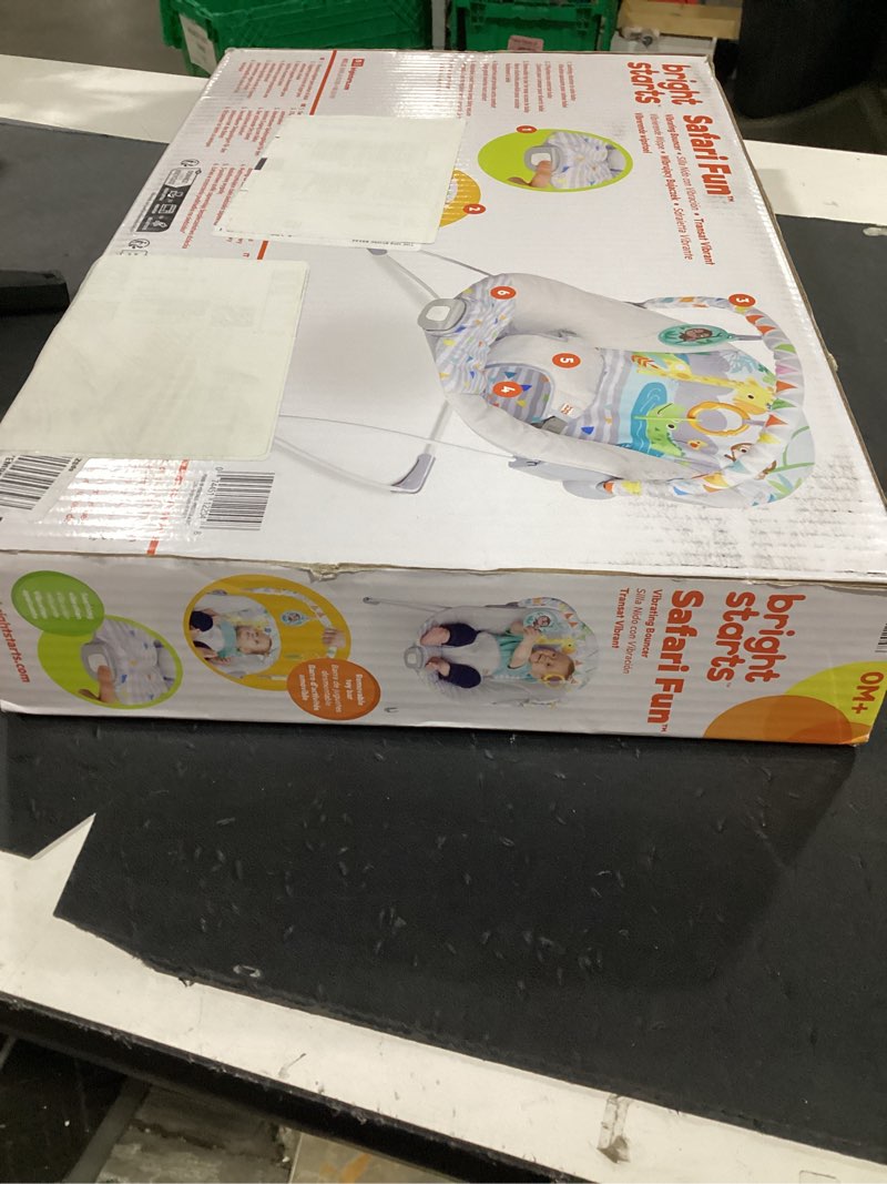 Condition photo showing New/Like New for bright starts baby bouncer soothing vibrations infant seat - removable -toy bar, nonslip feet, 0-6 months up to 20 lbs (safari fun)