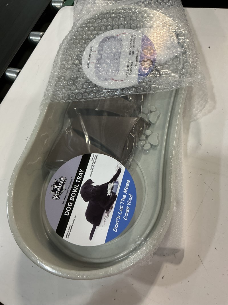 Condition photo showing New/Like New for elevated pet feeding tray - 21? x 11? x 8.5? raised dog bowl stand with splash guard and non-skid feet - comfortable mealtime for dogs and cats by petmaker (brown/gray)