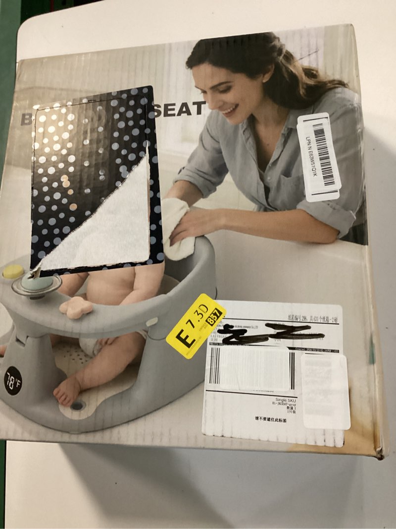 Condition photo showing New/Like New for baby bath seat for babies 6 months & up with thermometer, non-slip toddler bath seats for sitting up, safe infant & newborn bathtub chair with 4 suction cups, soft cushion & temperature display, blue baby blue