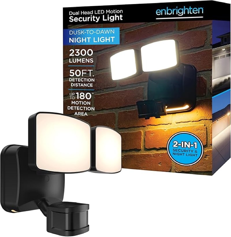 Enbrighten LED Security Lights, Motion Sensor Outdoor Light, LED Night Light, 2 Head Motion Detector Light, 2200 Lummens, Outdoor Flood Light for Porch, Garage, Yard, Dusk-to-Dawn, Black, 73703-S1