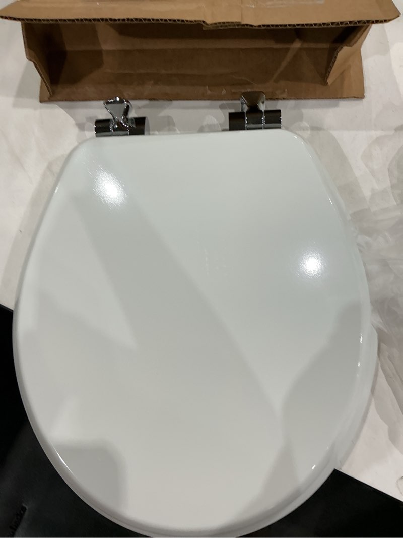 Condition photo showing Good Condition for mayfair bennett toilet seat with chrome hinges, slow close wood seat, secure metal hinges, easy install, made in usa, round, white round chrome