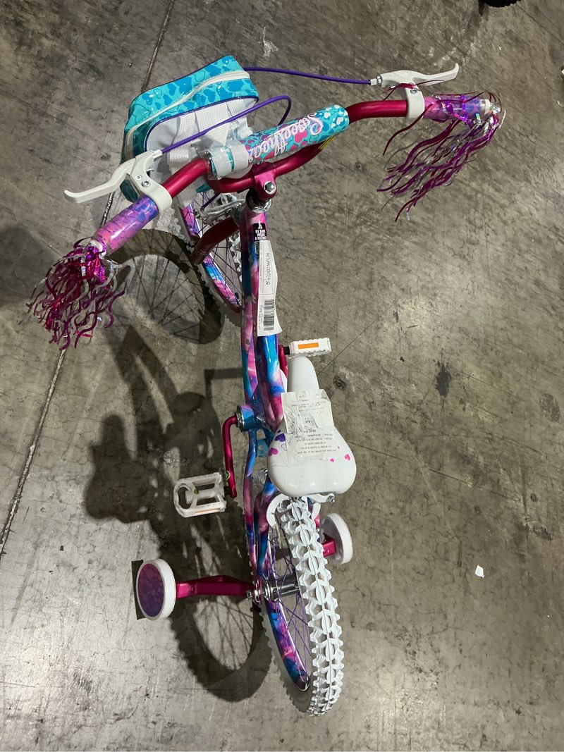 Condition photo showing As Is for us dynacraft sweetheart girls 18" bike, for kids ages 6-9, pink and blue