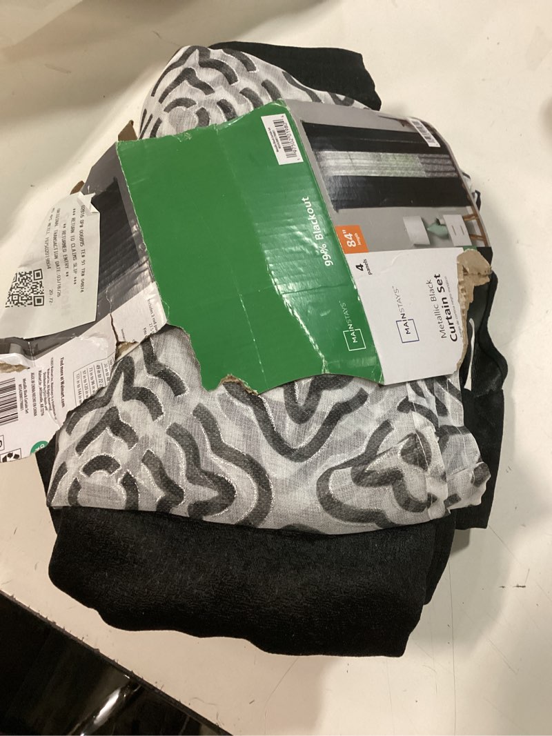 Condition photo showing As Is for mainstays metallic blackout window curtains panel set, green sage, 27.5" w x 84" l 27.5" w x 84" l