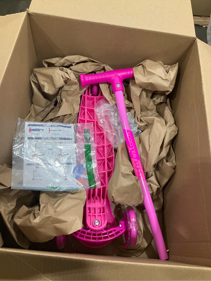 Condition photo showing Good Condition for 3 wheel scooter for kids, smooth light up led front wheels, wide anti slip deck, rear foot brake, easy lean to steer maneuvering, indoor & outdoor ride on toys for ages 2 up, pink