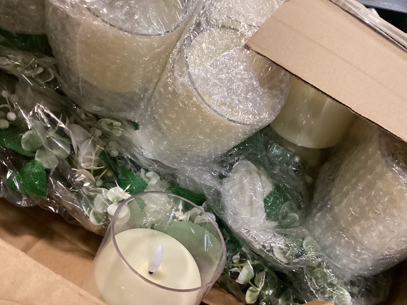 Condition photo showing As Is for yunlly 20 pcs rose candle rings with flameless candles sets, artificial flower eucalyptus wedding centerpiece 3 inch pillar candleholders wreaths for wedding party mother's day (white) white 20