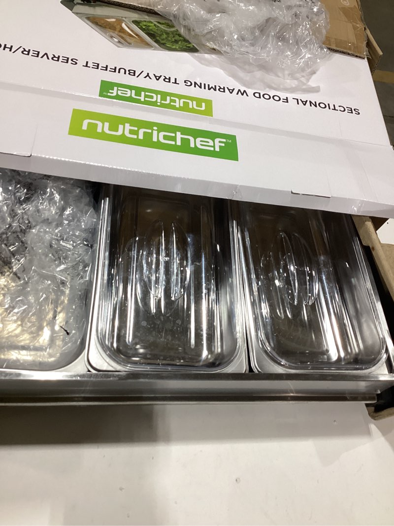 Condition photo showing Good Condition for Nutrichef Professional Stainless Steel Buffet Warmer Server with 3 Trays | Portable Hot Plate Food Warmer Station for Parties & Events | Easy to Clean | 3 See-through lids | Max Temperature 175F 3 Pot 3.5 Quart