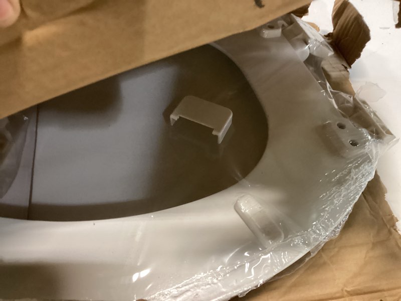 Condition photo showing As Is for highcraft premium elongated toilet seat with slow-close design & adjustable hinges - molded wood toilet seat - fits standard elongated toilets - oval seat in white