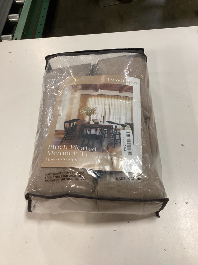 Condition photo showing New/Like New for extra long pinch pleated linen 108 inch curtains 2 panels set for living room bedroom farmhouse tan brown cotton flax back tab memory shape pinch pleat ceiling floor window curtains 9 ft grey beige grey beige 40"w x 108"l (pack of 2)