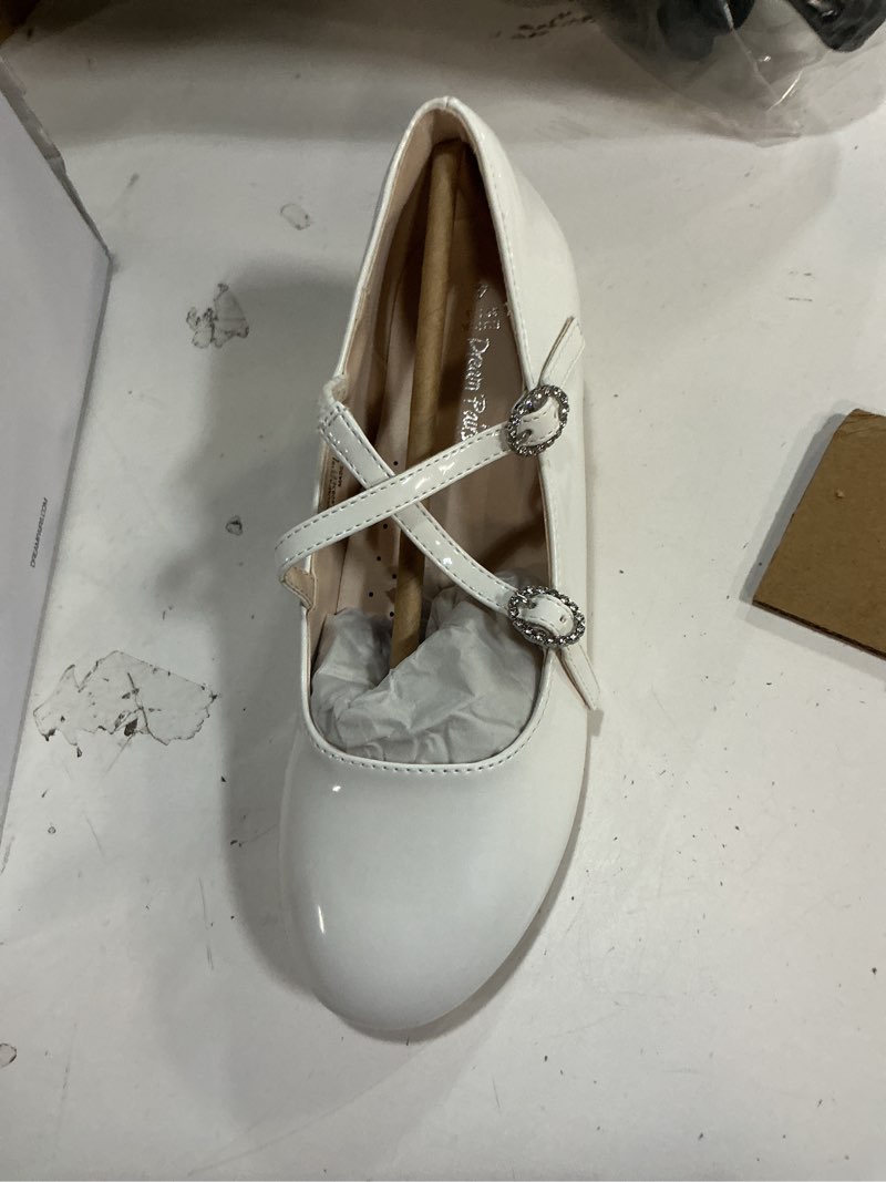 Condition photo showing New/Like New for (Size 36)Dream Pairs Girls Dress Shoes Mary Jane High Heel Round Toe Straps Pumps Flower Wedding Party Princess Flats for Little/Big Kids 4 Big Kid White