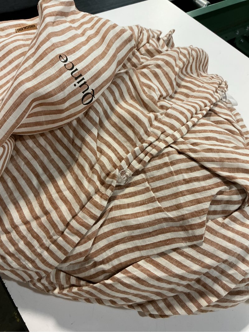 Condition photo showing As Is for european linen deluxe bedding bundle, king /cal king latte/white stripe