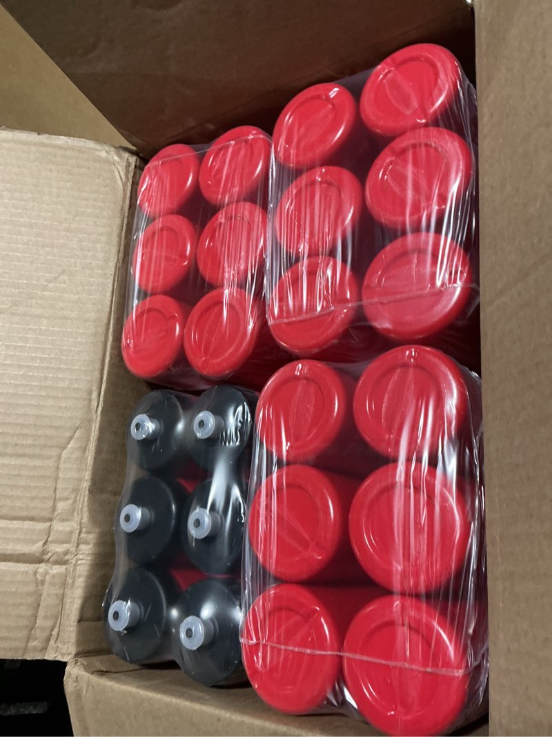 Condition photo showing Good Condition for 50 Strong Sports Water Bottles – Reusable 22 oz BPA-Free Plastic Bottles with Pull Top Cap – Made in USA – Top Rack Dishwasher Safe – Fits Most Bike Cages Brand 24 Pack Red