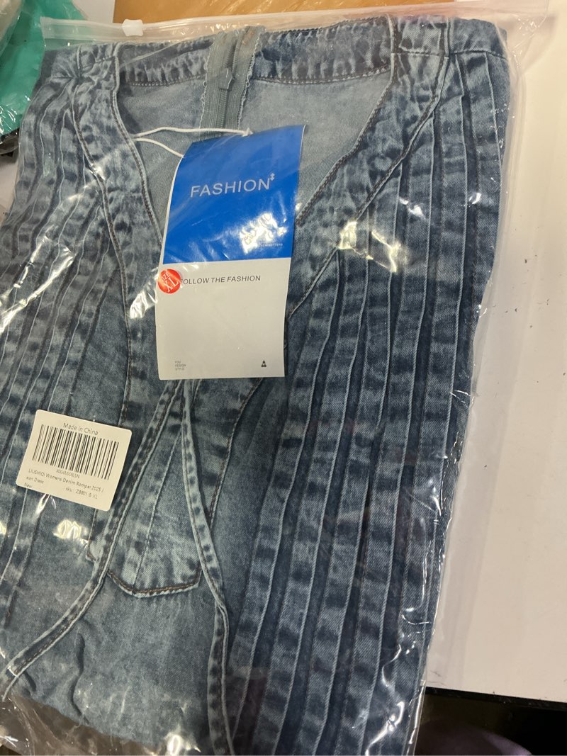 Condition photo showing New/Like New for loveimgs Women Denim Jean Romper Overall Shorts Tie Front Pleated Romper Dress Deep V Neck Puff Sleeve Jumpsuit Small Blue