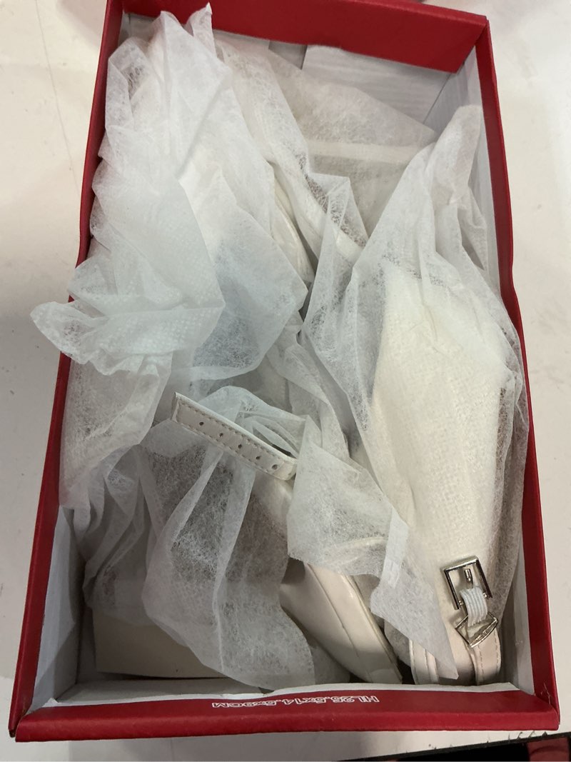 Condition photo showing New/Like New for qiy closed toe ankle strap heels women pumps pointed toe heeled sandals for women stiletto wedding dress shoes 7 white pu