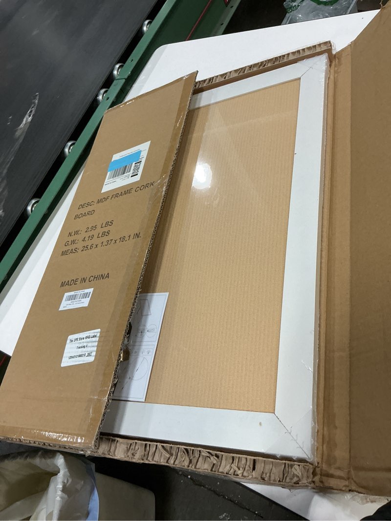 Condition photo showing New/Like New for DOLLAR BOSS White Cork Board for Wall - 24 X 18 Inches, Rustic Wooden Frame Bulletin Board, Decorative Hanging Pin Board for Office & Home Decor White 24''X 18‘’