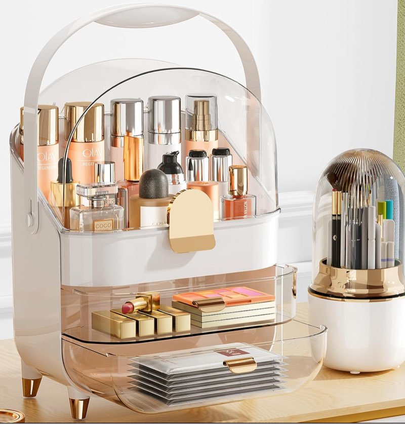 makeup organizer skincare organizers with brush holder, 3 layers large capacity cosmetic storage,make up storage organizers with waterproof & dustproof cover for vanity countertop bathroom dresser pearl white