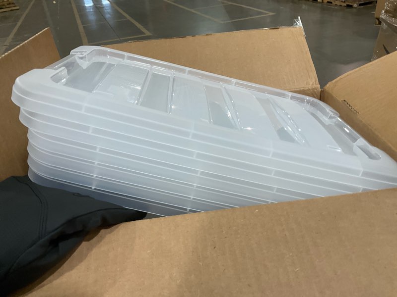 Condition photo showing As Is for Plastic Storage Box with Lid and Latches  - BPA-Free, See-Through Organizing Solution, Durable Nestable Stackable Containers, Secure Pull Handle - Clear Clear