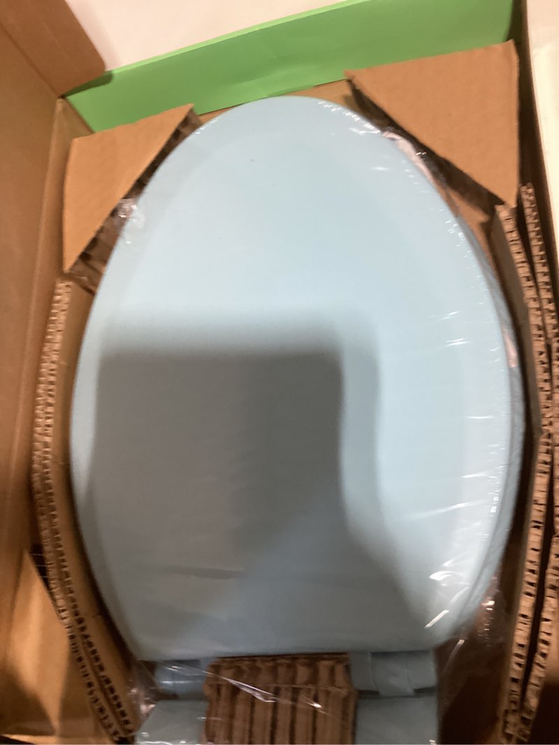 Condition photo showing New/Like New for toilet seat, slow close, soft touch, ultra-smooth matte finish (no orange-peel texture), premium moulded wood, quick release, piklids (sky blue, elongated) sky blue elongated