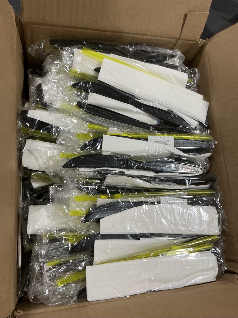 Condition photo showing Good Condition for 100 pack | individually wrapped cutlery set | blackheavy duty cutlery | utensil set with fork, spoon, knife, napkin, straw and salt/pepper packets (6 in 1) | plastic disposable flatware cutlery kits