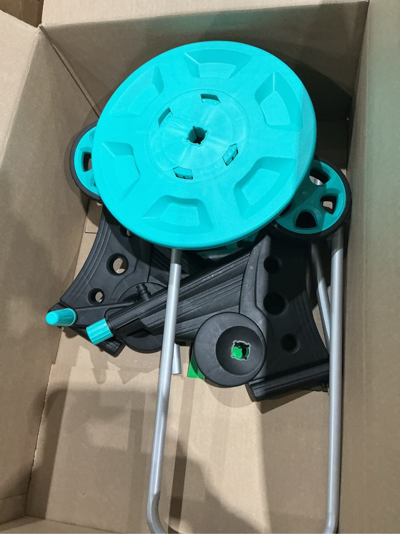 Condition photo showing Good Condition for portable garden hose reel cart, hold up to 75-100 ft of 5/8 inch hose,garden water pipe holders mobile tools with 2 wheels for outside hose storage blue 5/8 75ft-100ft