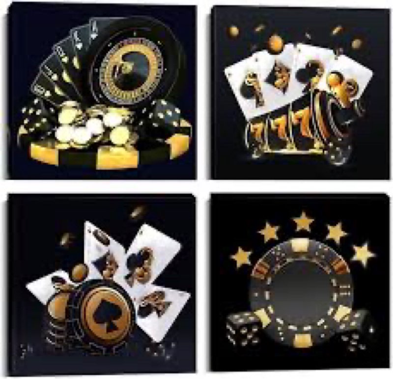 Wall HDQ Poker Wall Art for Casino, Black and Gold Wall Decor Playing Cards Painting Dice Chips Trop