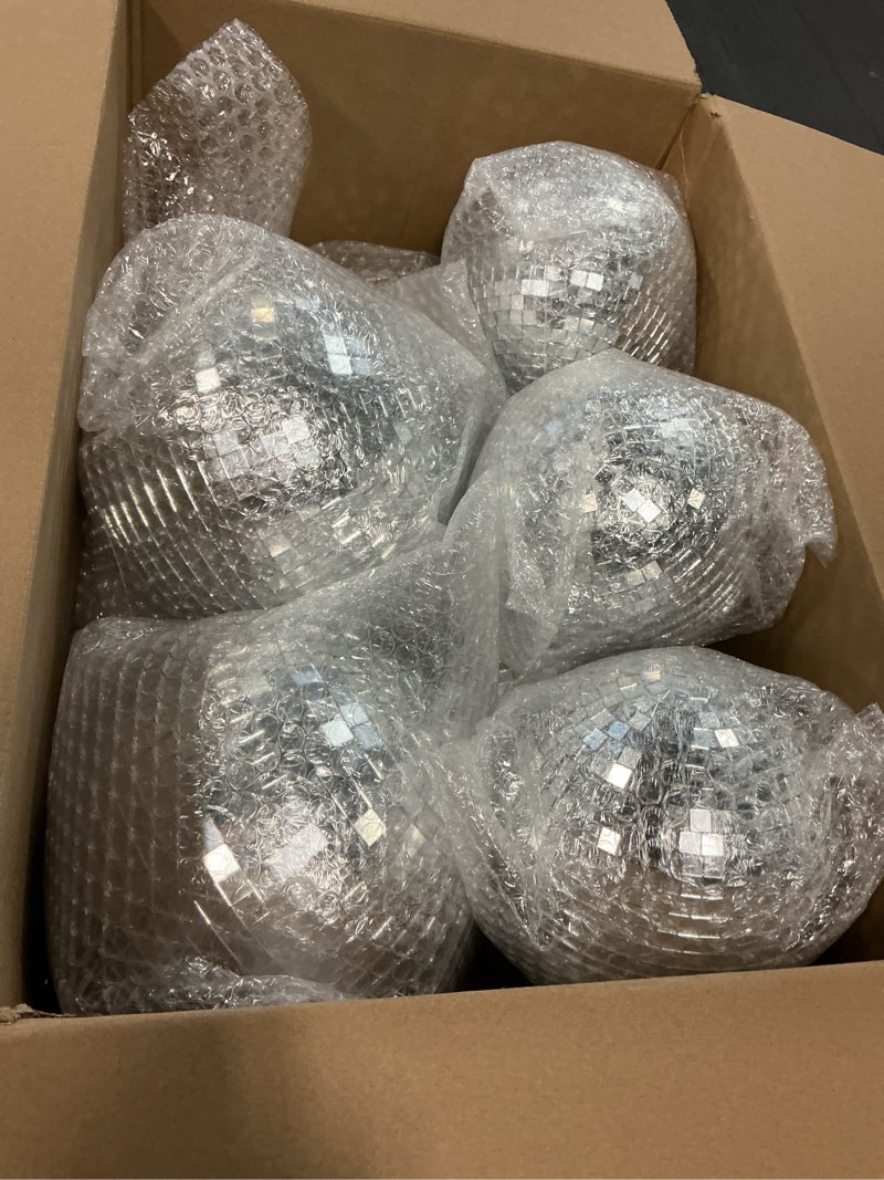 Condition photo showing item condition for Haull 8 Pcs Large Disco Ball Set Silver Mirror Disco Reflective Ball with Hanging Ring Party Ornament Decoration for Stage Club Ballroom Dance Hall Wedding Prom Props(8'', 6'')