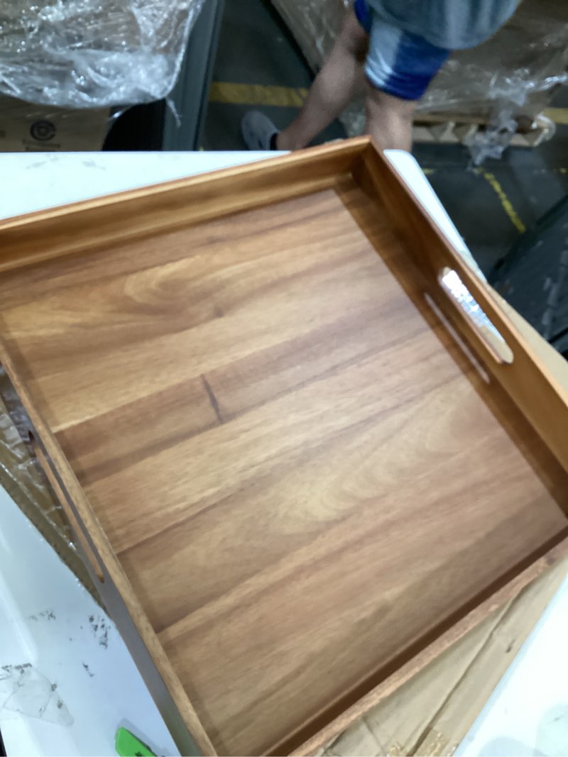 Condition photo showing Good Condition for serving tray with handles, 20 inch large square ottoman tray acacia wood decorative tray for living room, ottoman coffee table, kitchen, appetizers, breakfast, patio, party square tray -20 inch