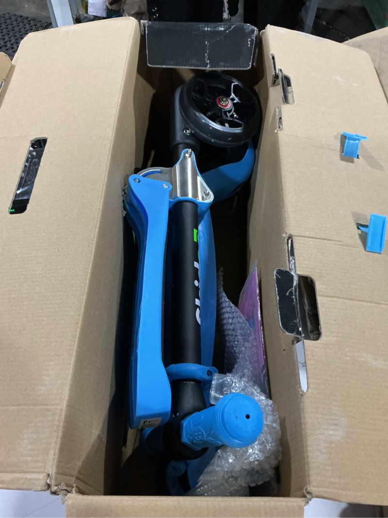Condition photo showing As Is for skidee kick scooter for kids ages 3-5 | foldable 3 wheel scooter with lean-to-steer, adjustable height, removable seat & led light wheels | toddler scooter up to 12 year old boys/girls blue