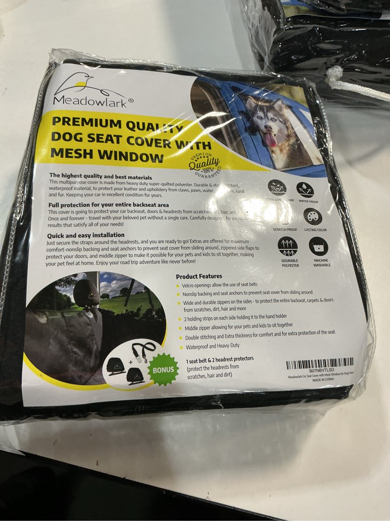 Condition photo showing New/Like New for Meadowlark Dog Car Seat Cover with Mesh Window, Heavy-Duty Pet Seat Cover for Back Seat, Extra Padded Non-Slip Dog Hammock, Water-Resistant Back Seat Protector for Cars Trucks and SUVs (54" W x 58" L) 58" L x 54" W without Seat Belt Black / Mesh