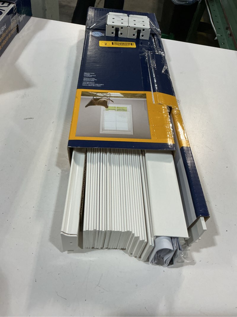 Condition photo showing As Is for levolor trim+go 2-in slat width 23-in x 48-in cordless white faux wood room darkening horizontal blinds