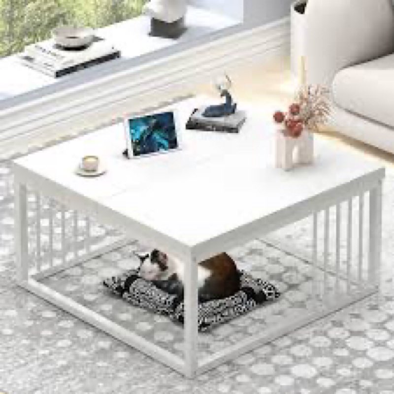 FOLUBAN White Coffee Table, Modern Rustic Wood and Metal Center Table, Industrial Rectangle Cocktail