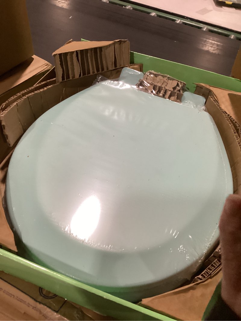 Condition photo showing As Is for toilet seat, slow close, soft touch, ultra-smooth matte finish (no orange-peel texture), premium moulded wood, quick release, piklids (light turquoise, round) light turquoise round