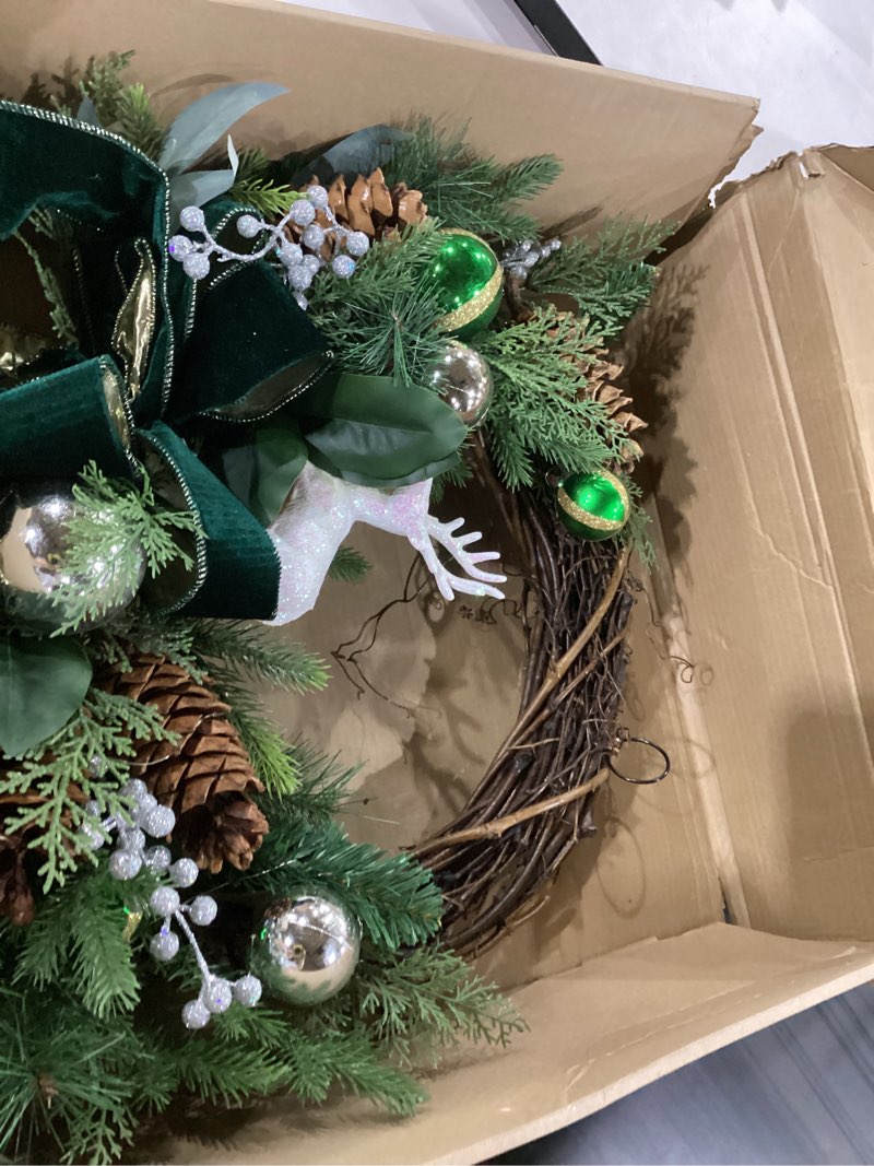 Condition photo showing Good Condition for 28" prelit christmas wreath for front door, handmade with pinecones ornaments deer bow, christmas wreath decoration for home door porch wall indoor outdoor