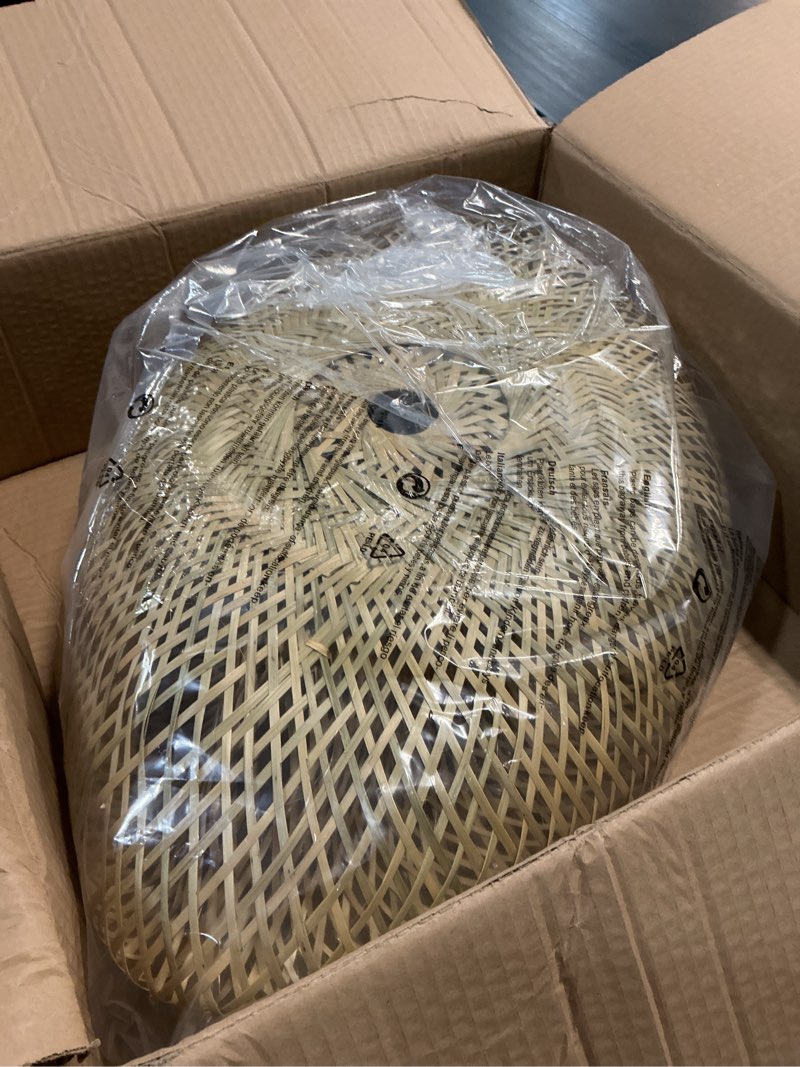 Condition photo showing Good Condition for COSYLUX Farmhouse Rattan Pendant Light Fixture for Kitchen Island, Dining Room, 22'' Hand-Woven Bamboo Hanging Lamp, Rattan Chandelier Bird Nest Shape Pendant Light for Bar Cafe Living Room Rattan Large