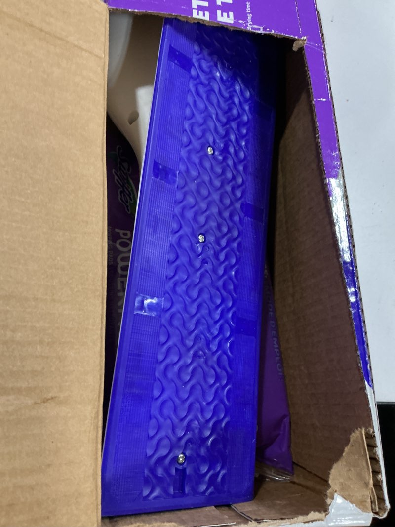 Condition photo showing As Is for swiffer powermop multi-surface mop kit for floor cleaning, includes powermop, 2 mopping pad refills, 1 cleaning solution with fresh scent and 2 batteries purple and white
