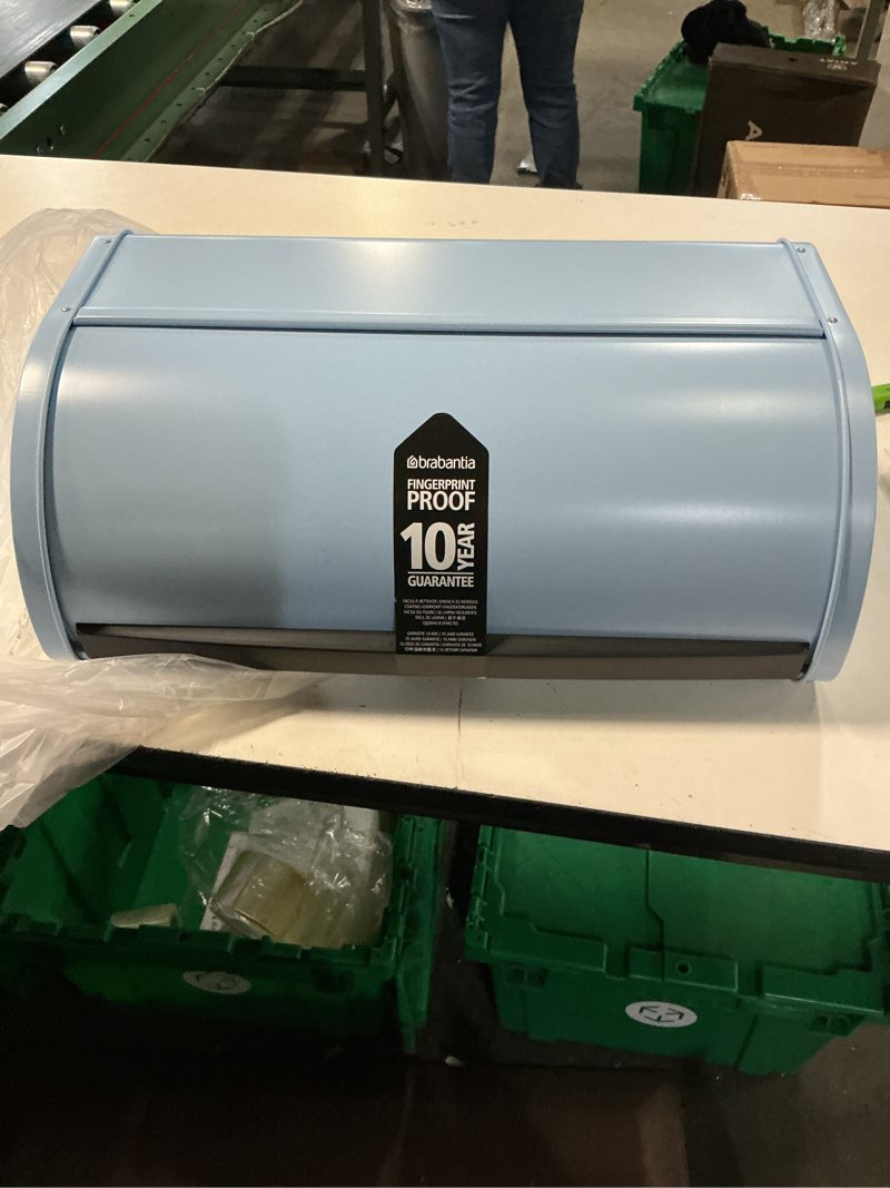 Condition photo showing New/Like New for brabantia roll top bread box (dreamy blue) large grip front opening, partially flat top bread box, fits 2 loaves, ideal for kitchen counter