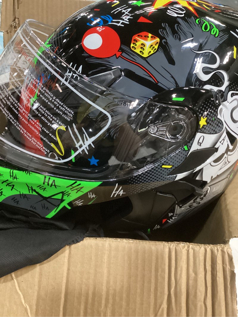 Condition photo showing Good Condition for (Size:L)KYPARA Motorcycle Dual Visor Flip up Modular Full Face Helmet with DOT Certification of Impressionism Large Black Pocker