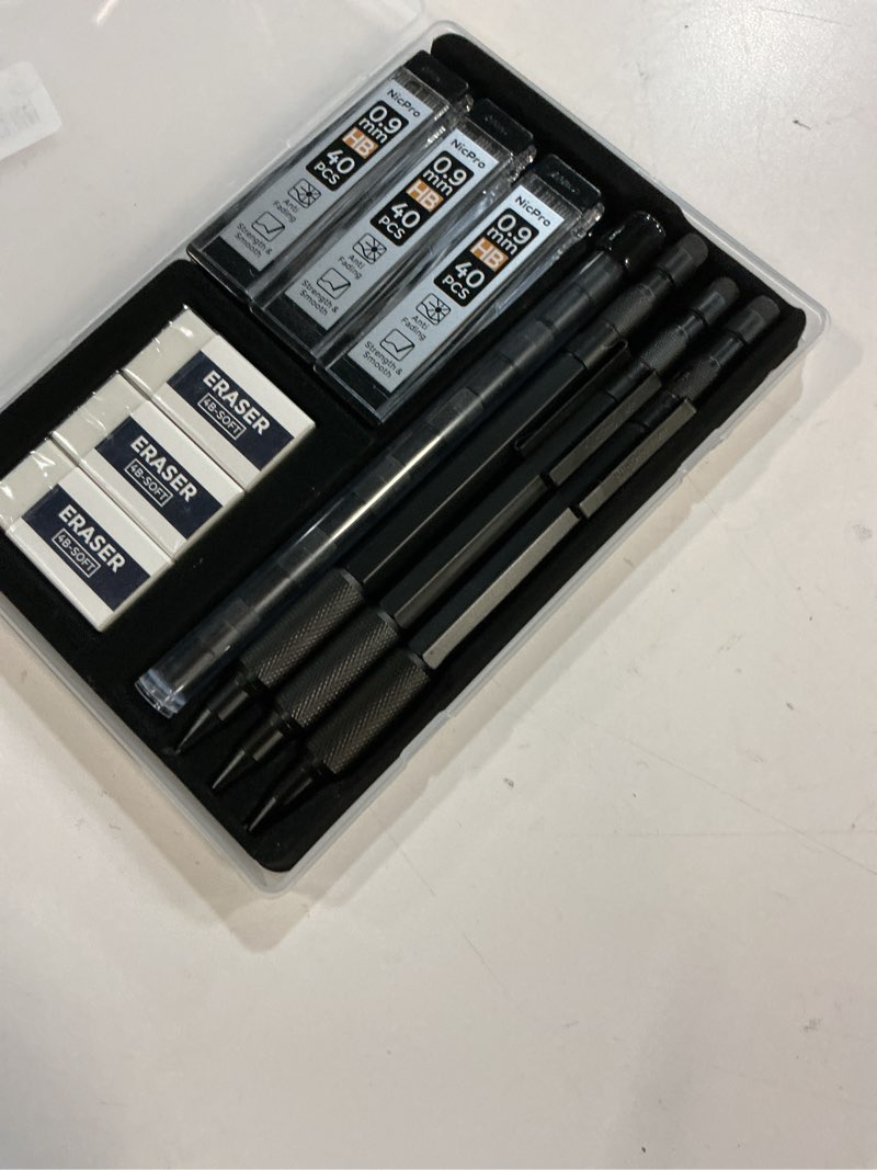Condition photo showing New/Like New for Nicpro 0.9 Metal Mechanical Pencil Set with Case, 3PCS Hevey Duty MP2000 Lead Pencil With 6 Tube HB Lead Refills 0.9mm, Erasers, Weatherproof Barrel for Outdoor Writing Drafting Drawing Sketching